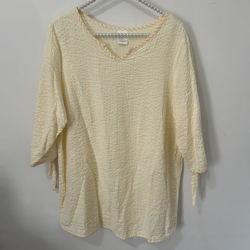 Blair Womens Top XL Seersucker Yellow Cotton V-Neck Beachy Casual Travel Vac